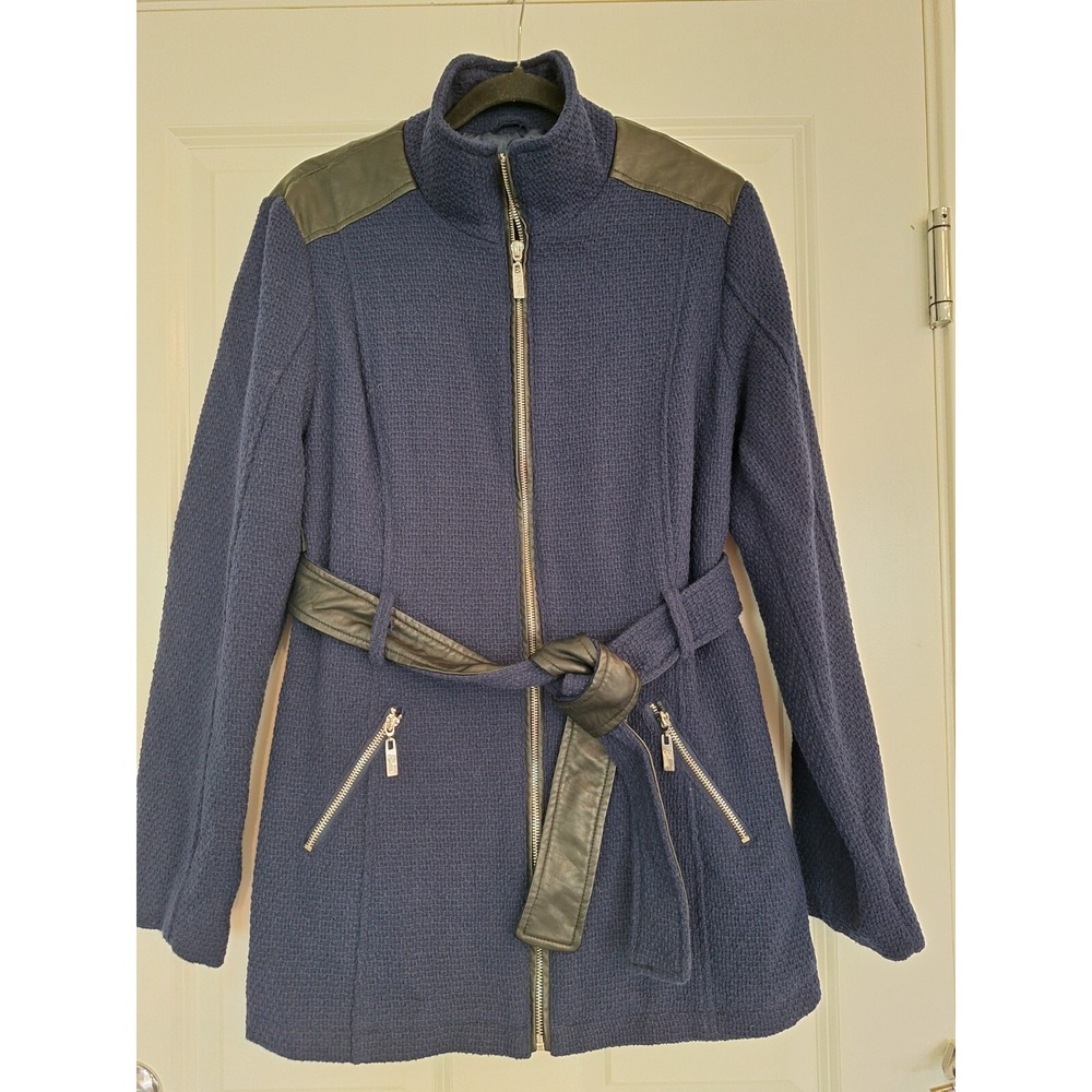 Guess Los Angeles Coat Jacket Navy Waffle Knit Vegan Leather Full Zip Large
